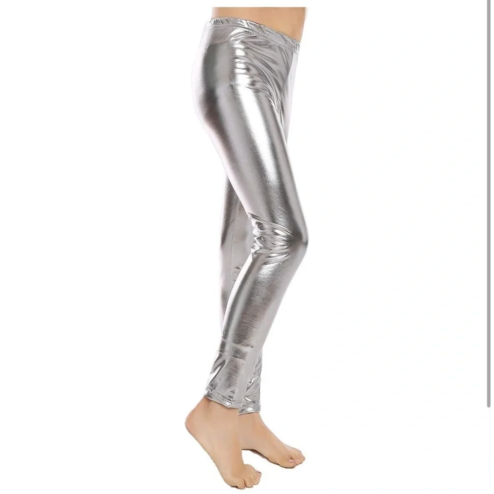 Girls' silver Metallic disco Shiny Stretch Leggings size medium